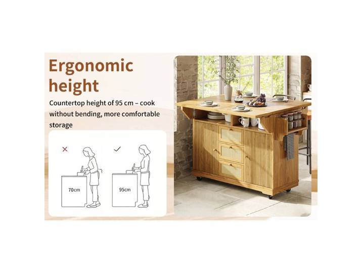 WOVREO Îlot central de cuisine pliable 95 cm avec rangement rotin PE roulant marron naturel