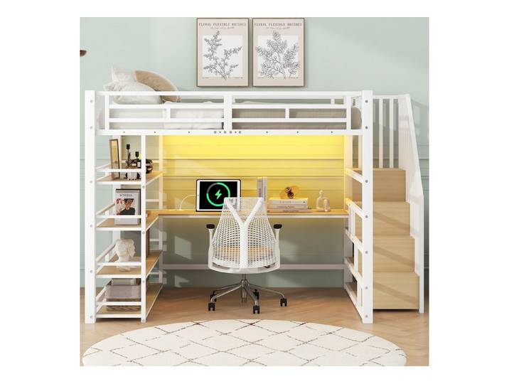Celya Hochbett 140x200 Metall-Hochbett mit Treppe, integriertem Schreibtisch (Weiß) Staufächern, USB-Ladestation und LED-Licht