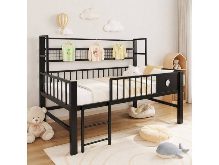 Lit Mezzanine Enfant 90x200cm Noir - Haut Métal Gitter Sécurité Rangement Faible Hauteur