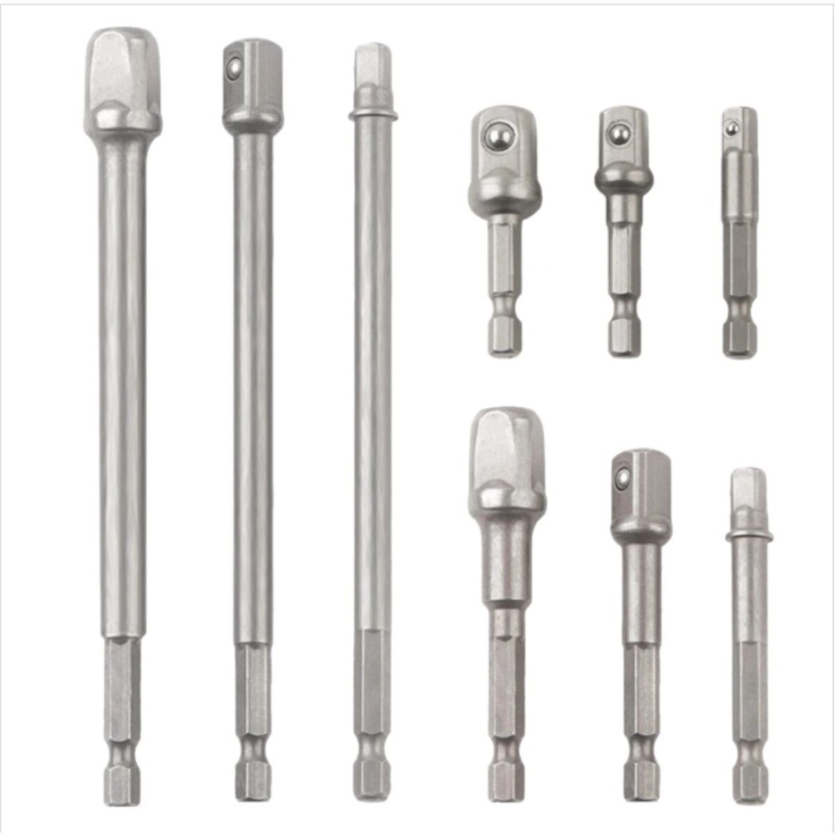 INF 9-teiliges Bohrmaschinen-Stecknuss-Adapter-Set — Sechskant auf Vierkant, Chrom-Vanadium-Stahl, Kugelrastverschluss für