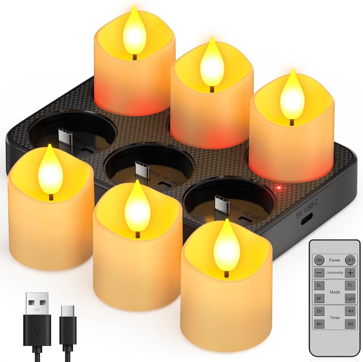 SnelShoppen Set van 6 Oplaadbare LED Theelichten met Afstandsbediening en Timer