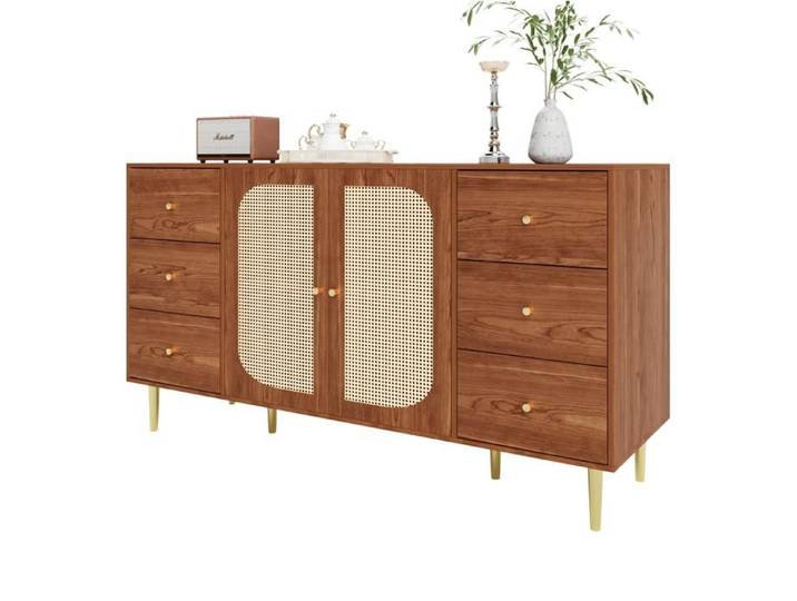 ELVORIN Buffet bas 160 x 40 x 90 cm 6 tiroirs 2 portes aspect rotin MDF marron