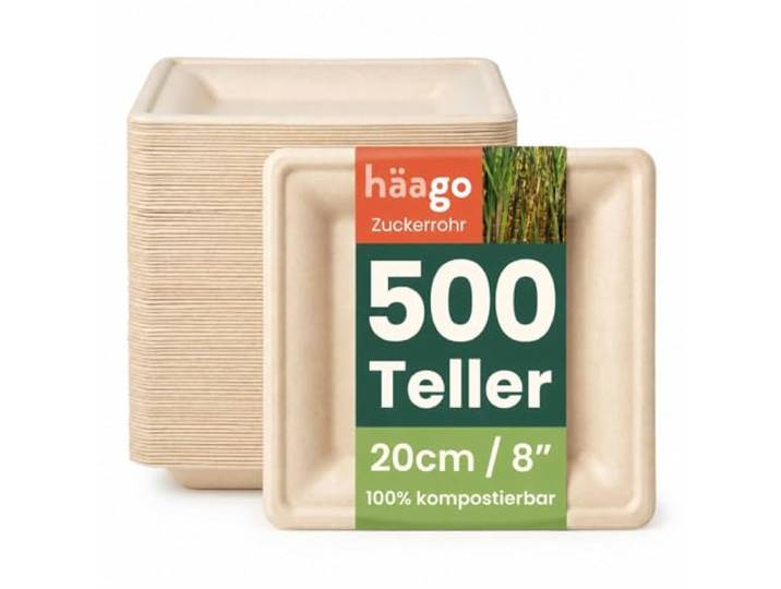 HAAGO 500 Kompostierbare Zuckerrohr Teller, 20 cm / 8 Eckig – Stabile, Fett- & Auslaufsichere Pappteller – Biologisch Abbaubare Partyteller, Einwegteller für Partys, Weihnachten, Geburtstage