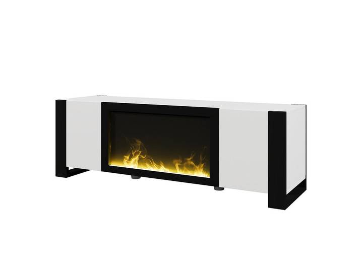 ComfortXL Lowboard De-40559 Mit elektrischem Kamin und 2 Türen Weiß, Weiß, Schwarz, 165x55x32 cm, Wohnzimmer, TV Möbel, Lowboards, Lowboards stehend
