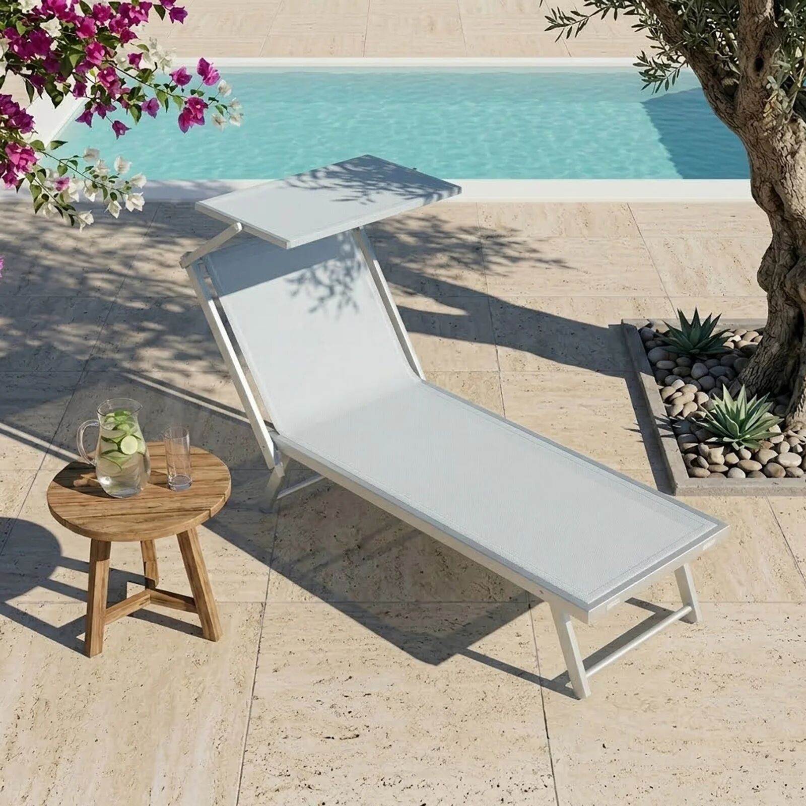 garneroarredamenti Set 2 lettini prendisole reclinabili in alluminio e textilene grigio chiaro con tettuccio Apollo
