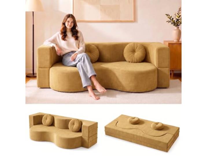 Ribanedy Wandelbares Boneless Schlafsofa，Gelb：200 x 100 cm Vakuumverpacktes, komprimiertes Sofa mit 2 runden Kissen, hochdichtem Schaumstoff und ohne Montage