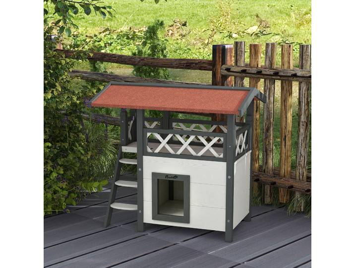PawHut Maison Chat Terrasse Escalier 77x50x73cm Blanc/Rouge