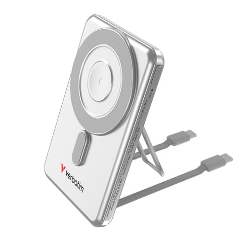 Verbatim Charge 'n' Go MagSafe Powerbank 5000mAh Zilver - 15W Magnetisch met PD 20W Snellaadfunctie, LED-display en Inklapbare Standaard