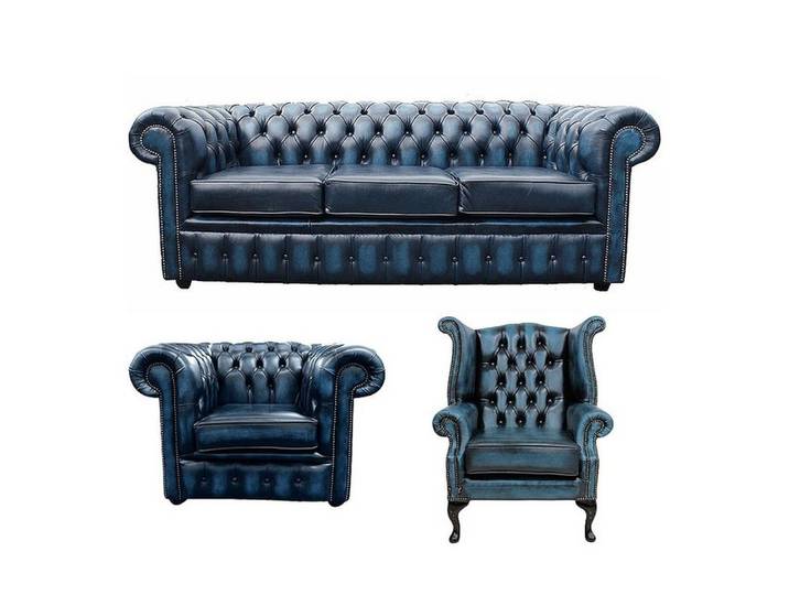 JVmoebel Chesterfield-Sofa Blaue Leder Couch mit Chesterfield-Design und Ohrensesseln, Set, Made in Europa