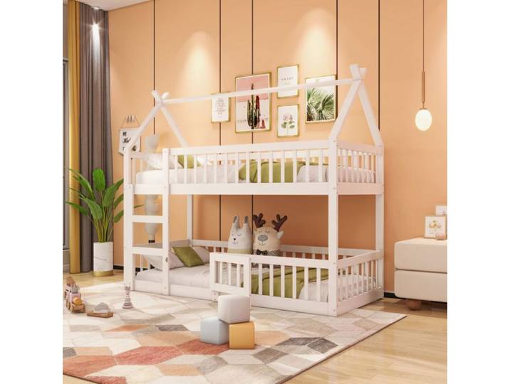 Lit superposé - O.YE - 90x200cm - Bois massif blanc - Design loft - 2 places