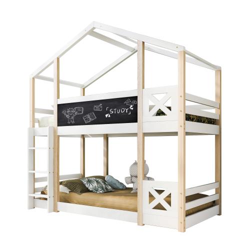 Etagenbett, 90x200 cm, Kinderbett mit 2 Schlafgelegenheiten, Lattenrost und Leiter, Hausbett aus Kiefer, Hochbett inkl. Rausfallschutz