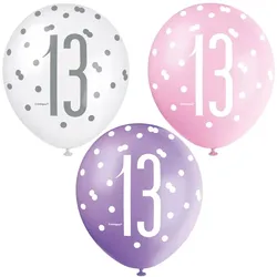6 Luftballons rosa & silber Zahl 13