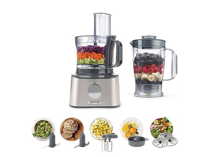 Kenwood MultiPro Compact - Küchenmaschine 800W 2,1L Schüssel 9 Zubehörteile 1,2l Mixer, Doppel-Schneebesen, Messer, Teigwerkzeug, Zitruspresse, 3 Arbeitsscheiben, Spatel, Silber, FDM301SS