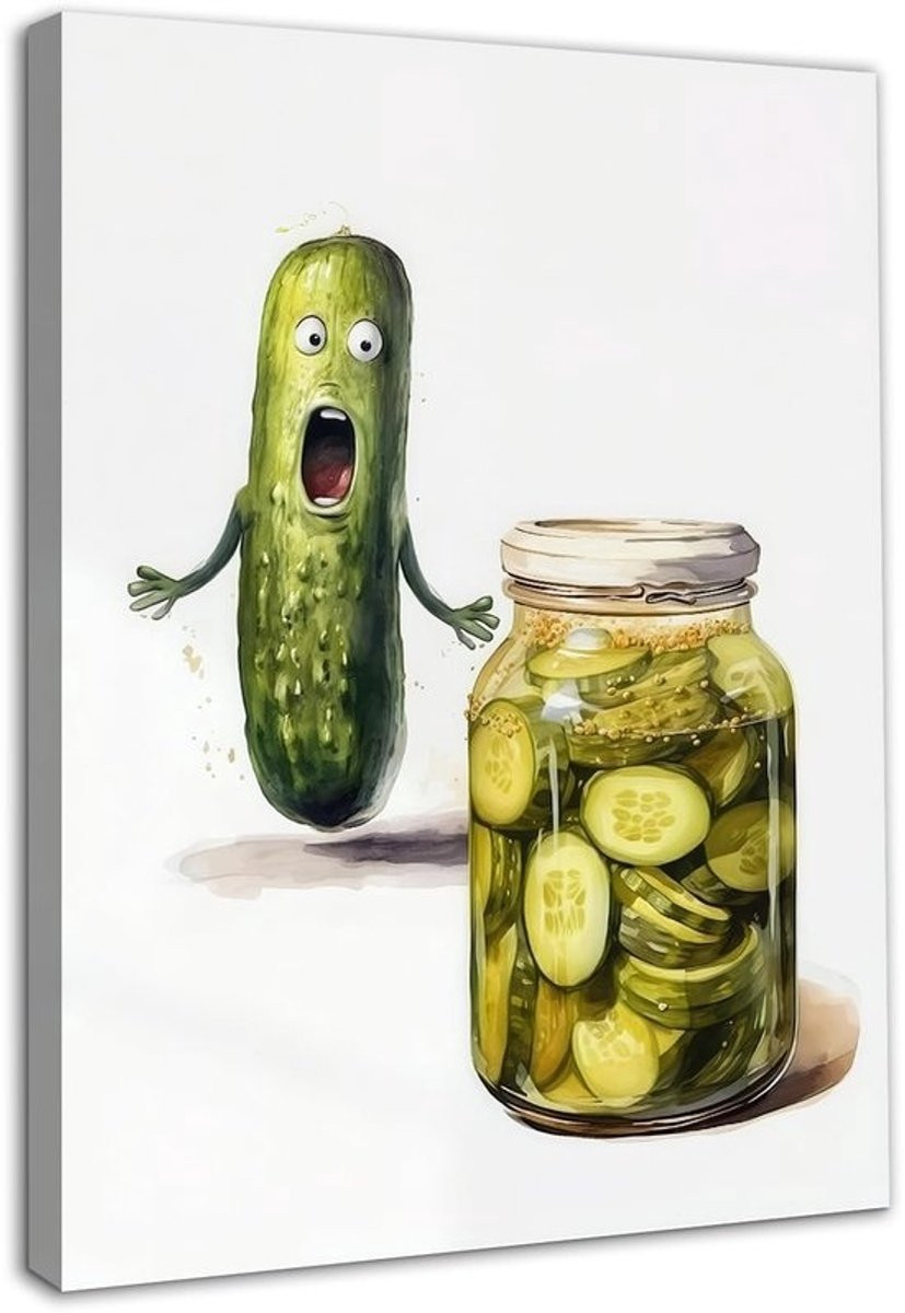 Grappige Keuken Wanddecoratie - Olijfgroene Komkommer Augurk Canvas Illustratie