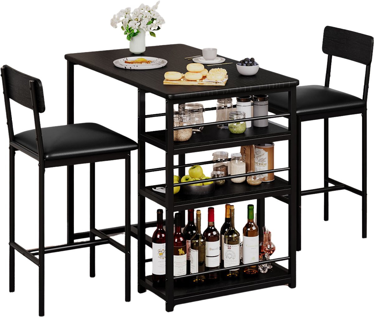 Jently eettafel set met 2 gestoffeerde stoelen en opbergplanken - Zwart