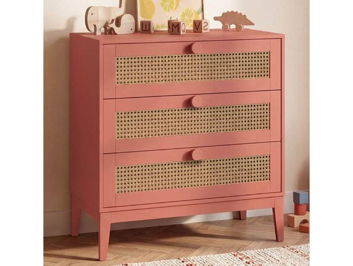 Commode 3 tiroirs ADELIE enfant cannage et vieux rose