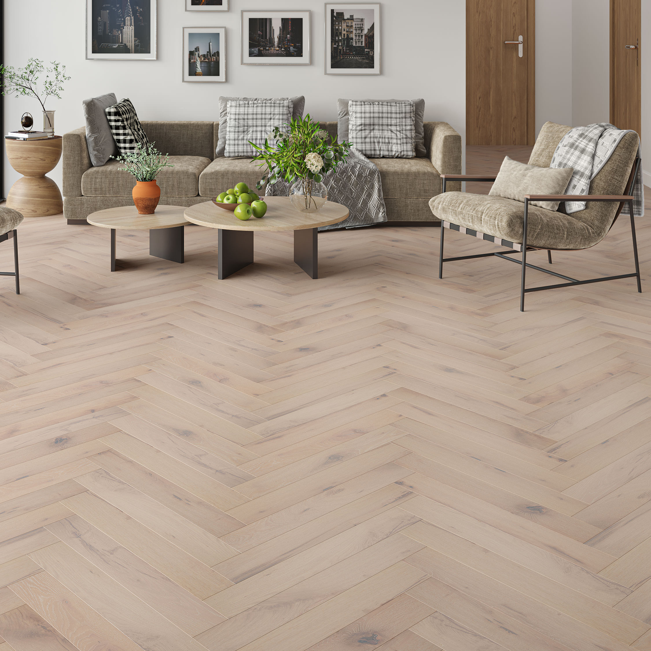 Luxury Flooring Herringbone Grey Engineered Oak  Whitewashed Brushed & Oiled Flooring - 14mm x 600mm x 90mm