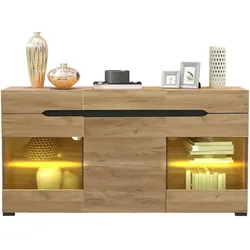 OKWISH Sideboard aus Spanplatte in Eiche, 140x35x80 cm, mit 3 Türen, 3 Schubladen und App-gesteuerter LED-Beleuchtung