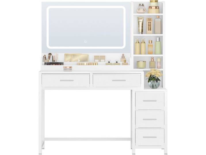 Coiffeuse avec Miroir coiffeuse avec Éclairage LED Luminosité Réglable 3 Couleurs 5 Tiroirs et 5 Compartiments Ouverts Blanc