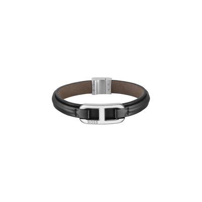 Lederarmband BOSS "KODE", edelstahlfarben, schwarz, Armbänder, Damen, 19cm, Edelstahl Leder, Edelstahl, Leder, Lederarmband