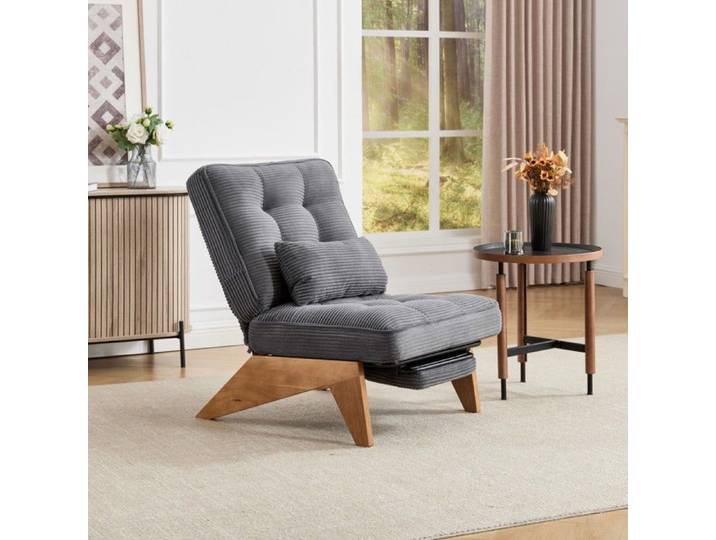 Fauteuil Lounge Gris Foncé 127x73x90-Repose-pieds-Coussin Lombaire-Pieds Bois-Salon-Confort-Détente-Design Moderne-Élégant-Durable