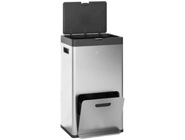 HOMCOM Poubelle de Cuisine Tri Sélectif 56L Acier Inox 410 Argent Roulettes Recyclage\, 3 Compartiments\, Fermeture Douce\, Pédale Large\, Anti-Odeurs