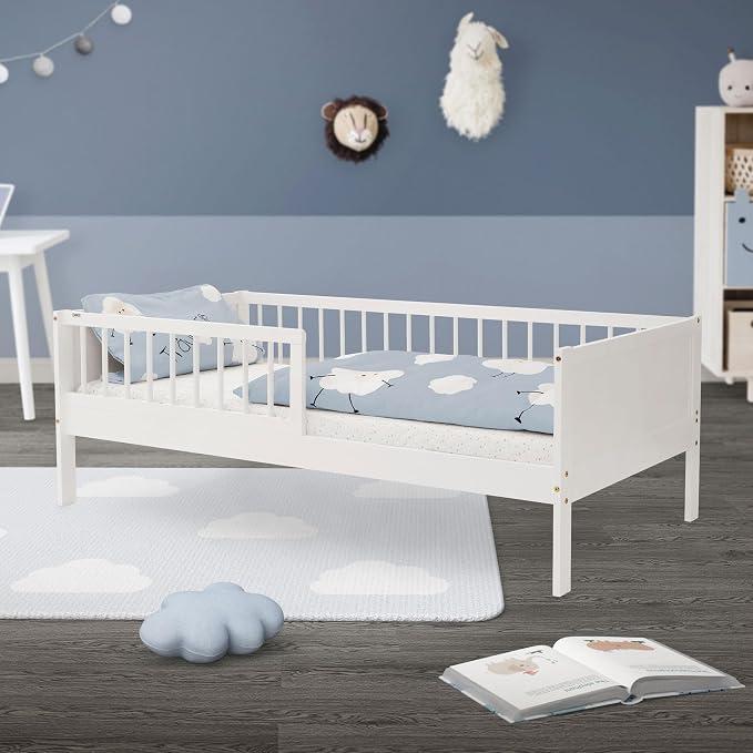 Kinderbett 80x160 cm, Weiß, Einzelbett für Kinder mit Lattenrost und Rausfallschutz, Jugendbett aus Kiefernholz, Holzbett, Bettgestell für Jungen & Mädchen, Massivholz Babybett Kleinkindbett