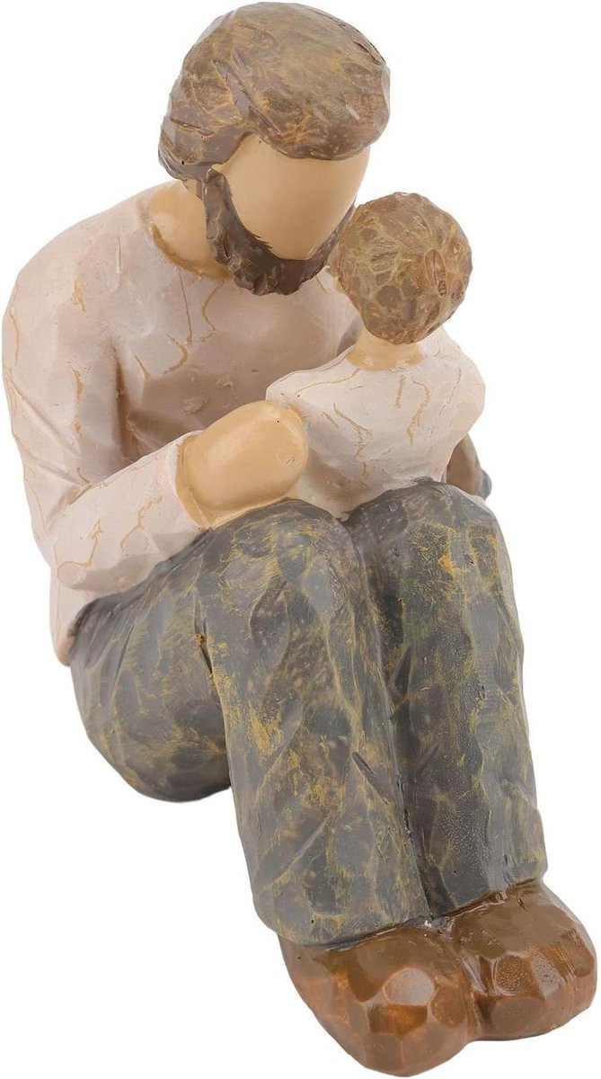 Vader en Zoon Beeldje - Handgeschilderd Familiebeeldje voor Woonkamerdecoratie - Bruin - Hoogte: 11,5 cm