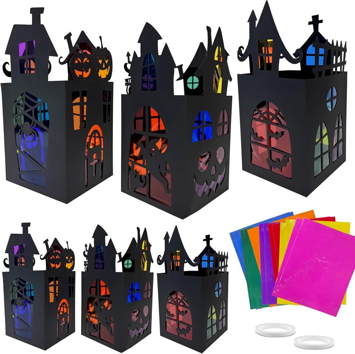 Set van 6 multicolor papieren lantaarns met spookhuis design voor Halloween decoratie
