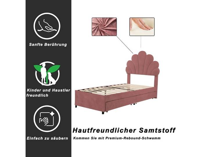 BEL Lit enfant capitonné 90x200 cm tête fleurie sommier à lattes 2 compartiments lit fille/appoint velours doux rose