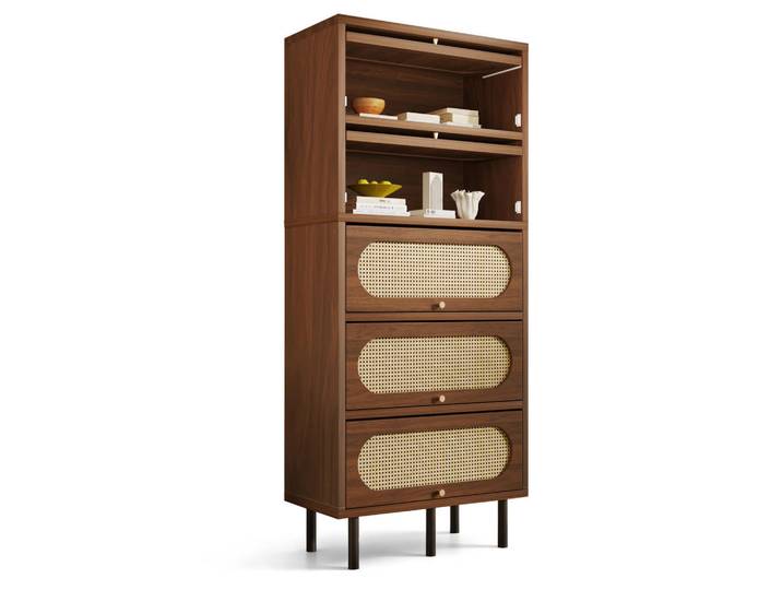 Evryae Buffet mit 5 Klappdeckel-Fächern Kippschutz Natur Standardgröße, Naturfarben, Metall, Rechteckig,Rechteckig, Rundrohr, 80x163x40 cm, Esszimmer, Anrichten, Buffetschränke
