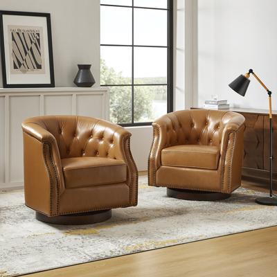 HULALA HOME Max Traditional Chesterfield Rocker and Swivel Genuine Leather Chair with Nailhead Trims(Set of 2)
