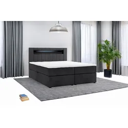 Möbel Punkt Boxspringbett KUBA mit Bettkasten Visco Topper LED 180 x 200 cm Webstoff Inari SCHWARZ Bettkasten