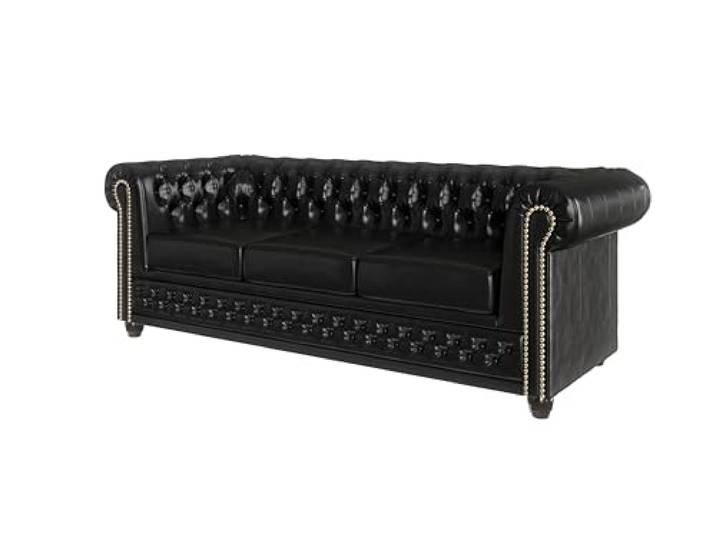 S-Style Möbel George Sofa 3-Sitzer Chesterfield-Sofa für Wohnzimmer Lounge Couch Aus Veganem Leder Möbel Freistehende Polster Sofas & Couches Couchgarnitur Schwarz 203 x 86 x 72 cm