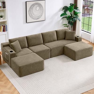 Abrihome "133.5"" U-Shaped Corduroy Boneless Sectional Sofa with Cup Holders and Ottomans"