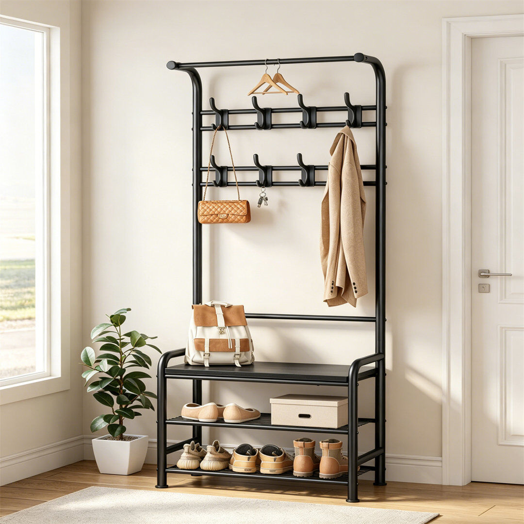 East Urban Home 8 - Hook Coat Rack Black 182cm H X 64cm W X 30cm D