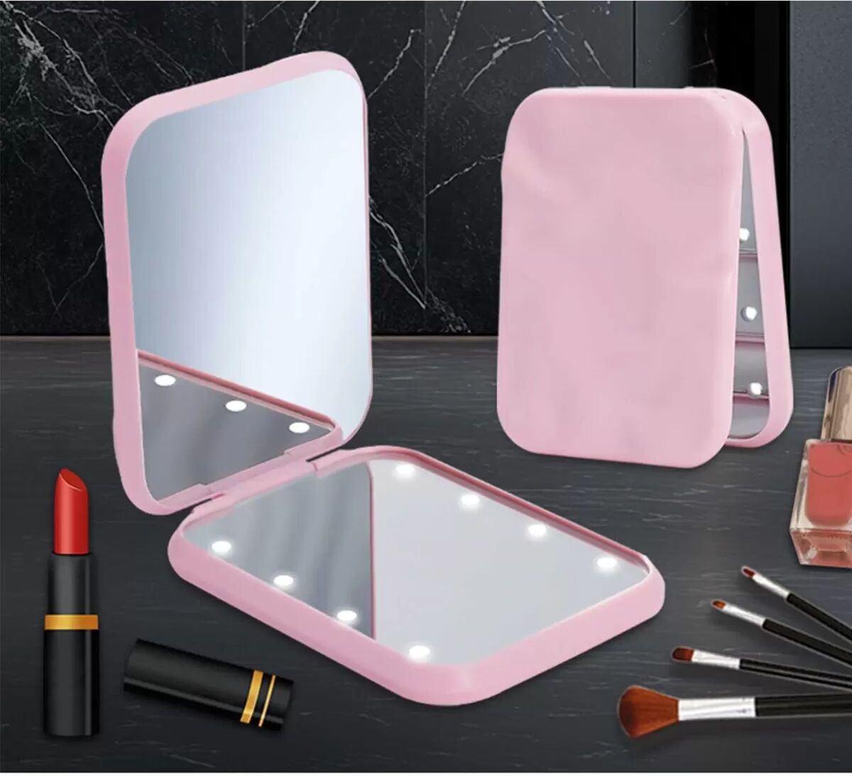 INF Miroir de Maquillage LED Portable avec Grossissement 3x et Lumière Annulaire Rose