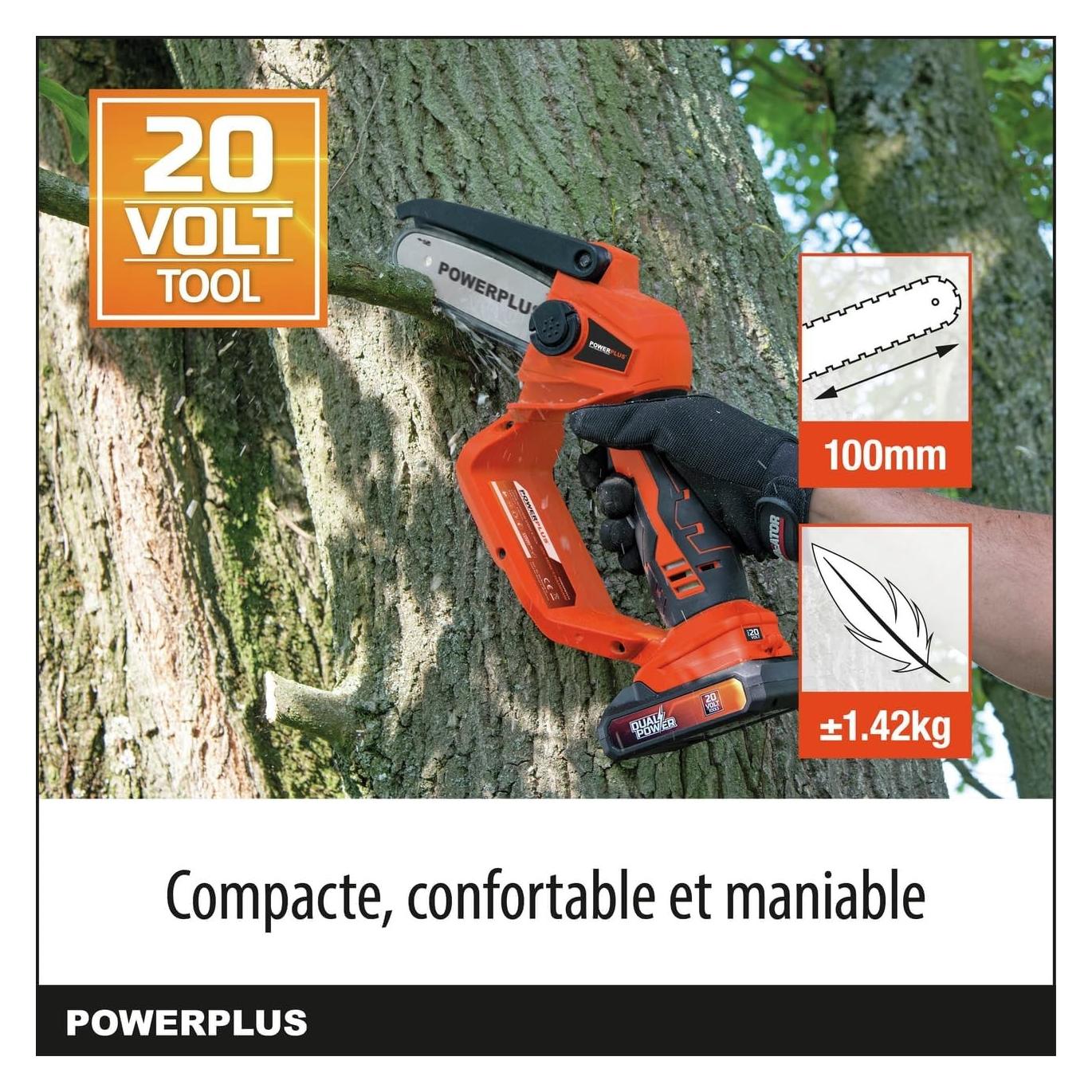 Powerplus Dual Power Schnurlose Astsäge 20V 100mm - exkl. Akku und Ladegerät - 1 Acc. (Akku Kettensäge) (POWDPG7572)