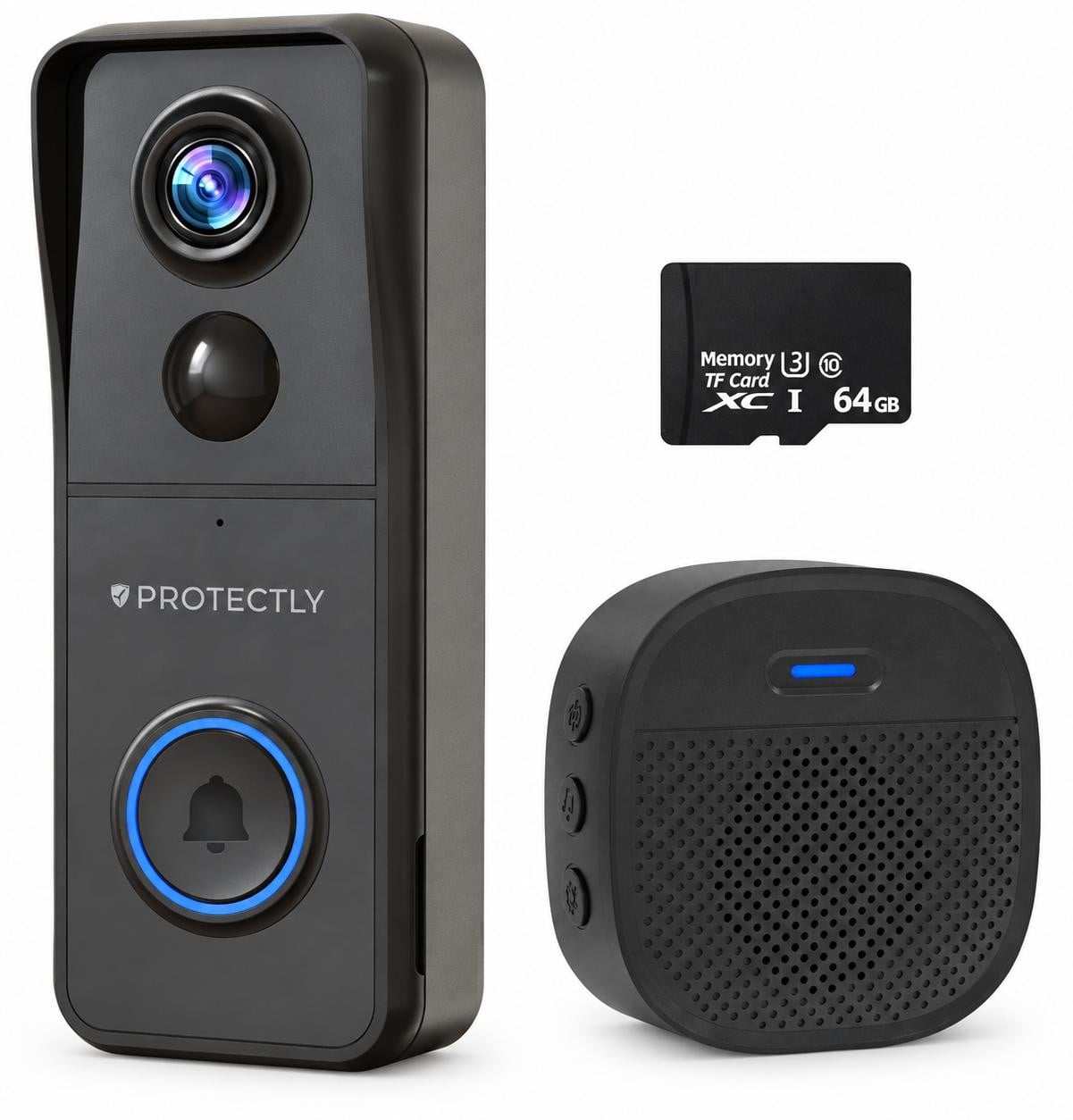 Protectly Slimme Draadloze Video Deurbel met Camera, 4K Ultra HD, Waterdicht, inclusief Gong en 64GB SD-kaart