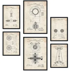 POSTER Set Mit 6 Plakaten Mit Strom 2 Patenten Im Vintage Stil A3 & A4 Schwarzer Rahmen