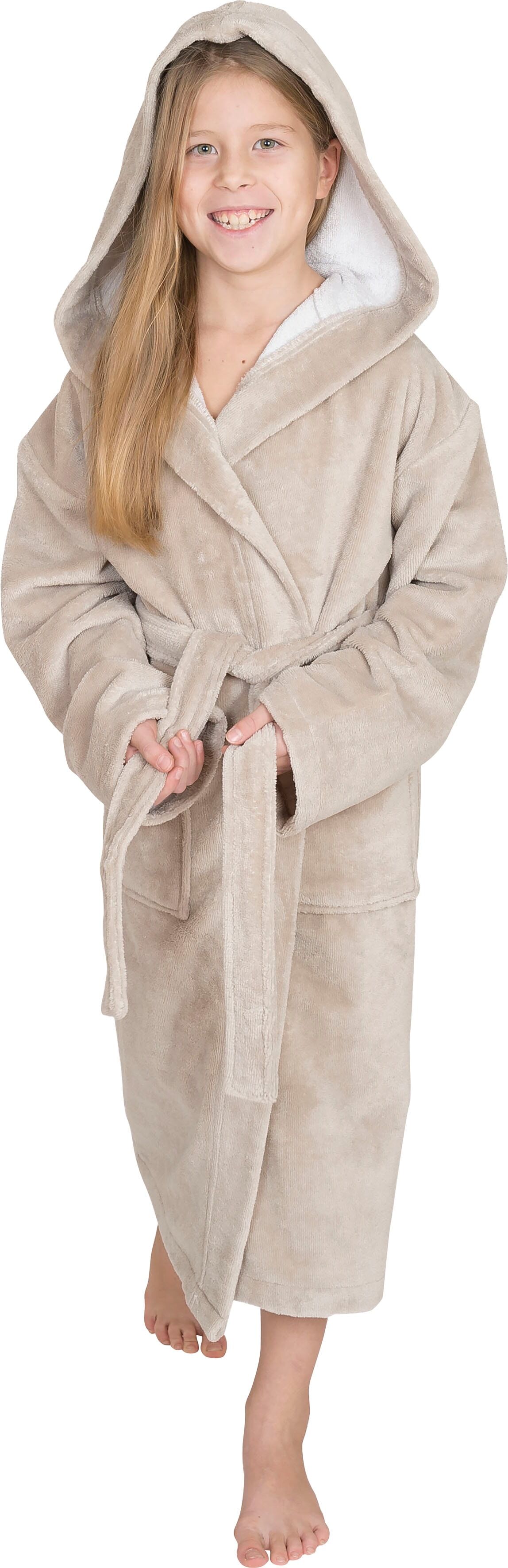Kinderbademantel WEWO FASHION "8521" Gr. 170, grau (stone), 170/176, Baumwoll-Mix, Hausmäntel, Kinderbademantel, Soft Touch stone 170/176