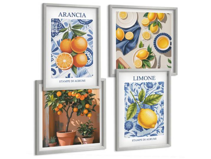 Tulup Bilder SET 4er Set - 50x50 cm & 40x60 cm Silberner Rahmen - Illustrationen von Zitrusfrüchten, Silberfarben, Kunststoff, Rechteckig, 50x50 cm, gerahmt, Bilder & Rahmen, Bilder