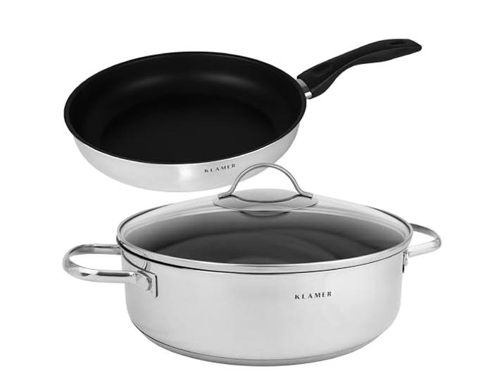 KLAMER Pfannenset Induktion, Bratpfanne und Servierpfanne mit je 28 cm Greblon C3+ Antihaftbeschichtung vom Schmoren bis zum scharfen Anbraten, PFOA-frei, backofenfest bis zu 250 Grad Celsius