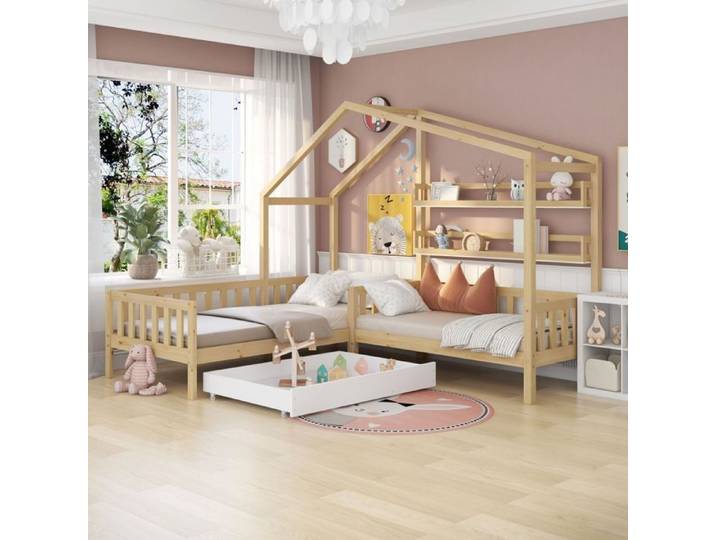 Lit cabane enfant - SOGEU - Lit cabane enfant - 90 x 200 + 70 x 140 cm - Bois massif - Avec tiroirs