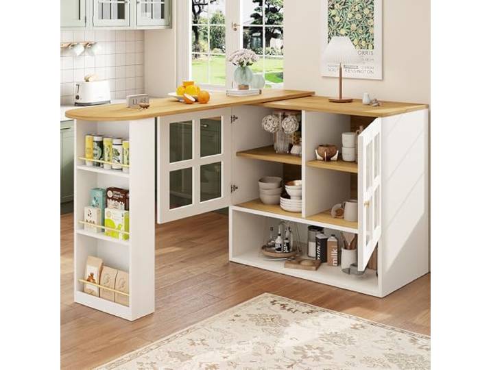 Merax 360° drehbarer Bartisch mit Stauraum weiß, Ausziehbarer Hochtisch Kücheninsel, Moderner Essbar Bistrotisch Sideboard mit Regalen & Glas, Beweglicher Schrank 138-204×39×102,5 cm