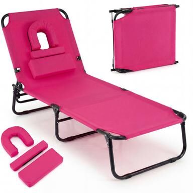 Costway Folding Face Down Tanning Chair with Face Hole 3 Removable Pillows-Pink
