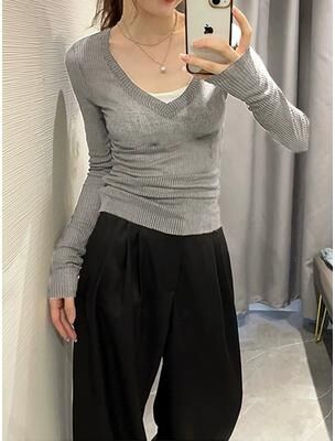 Daily Deals Depot Women's V Neck Knit Top Slim Fit Long Sleeve Stretch T Shirt light Grey s