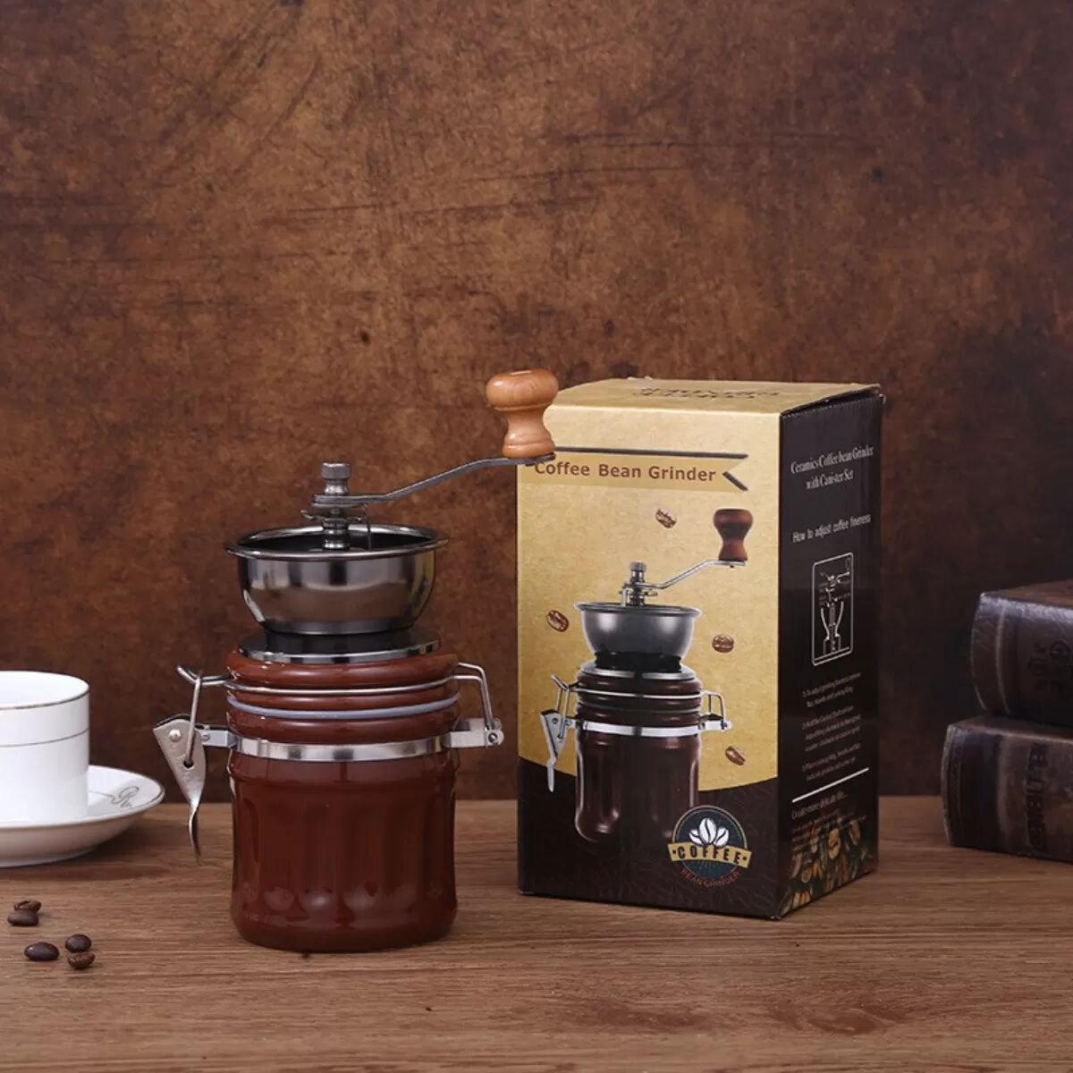 INF Retro braune Keramik-Dosen-Kaffeemühle — Handkurbel Kaffeemühle, dichter runder Behälter für den Hausgebrauch