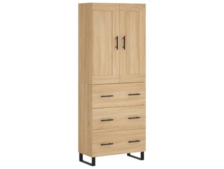 PUGYNBK Hoher Kommode, Sperrholz, Eiche, 69,5 x 34 x 180 cm Geräumige Aufbewahrung, Klapptüren, Metallbeine, stabil und feuchtigkeitsbeständig