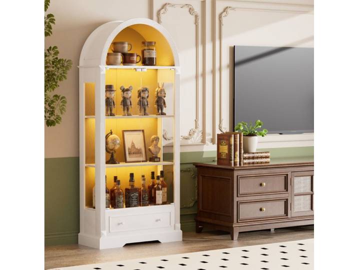 Vitrine haute arquée EVRYAE 180 cm en verre avec LED 1 tiroir blanc MDF